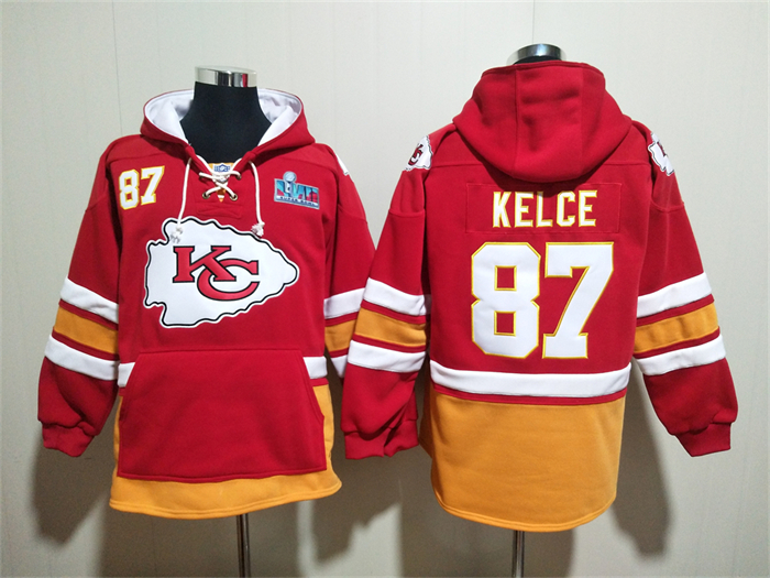 Kansas City Chiefs #87 Travis Kelce Super Bowl LVIII Patch Hoodies Red Lace-Up Pullover Hoodie->kansas city chiefs->NFL Jersey